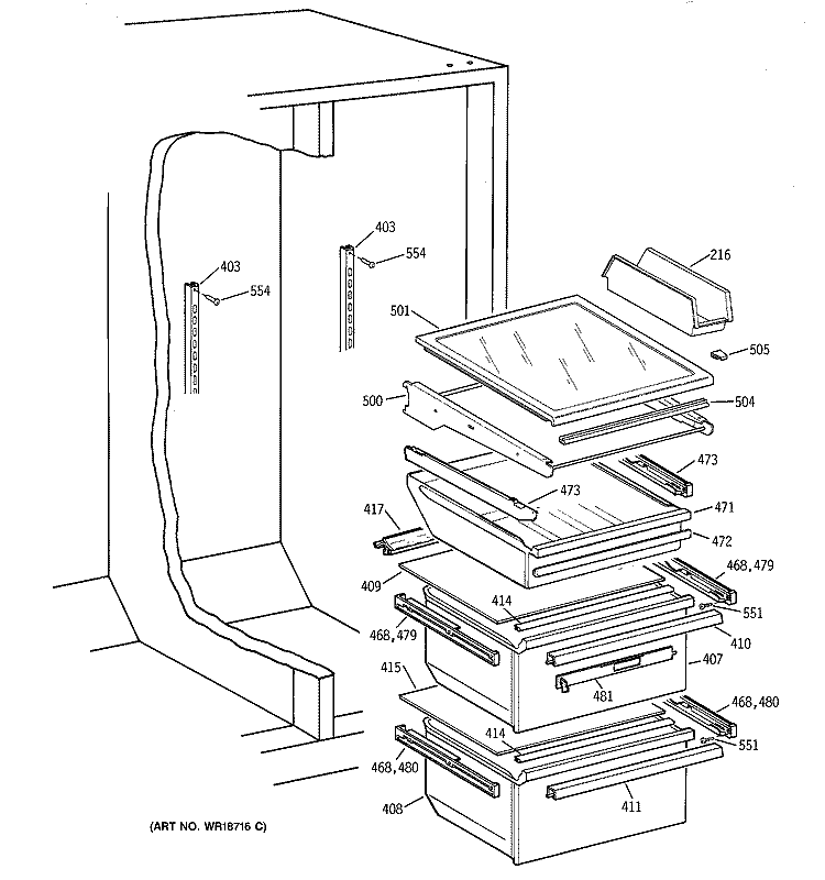 FRESH FOOD SHELVES Diagram and Parts List for ERS2026DACC  General Electric Refrigerator