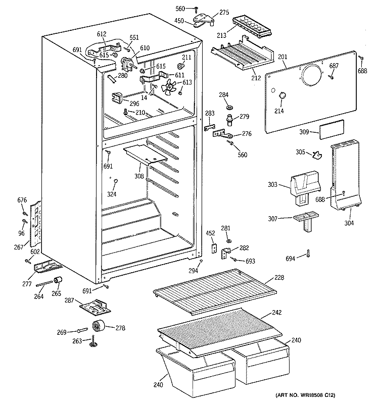 CABINET Diagram and Parts List for TBX14GADGRWW  General Electric Refrigerator