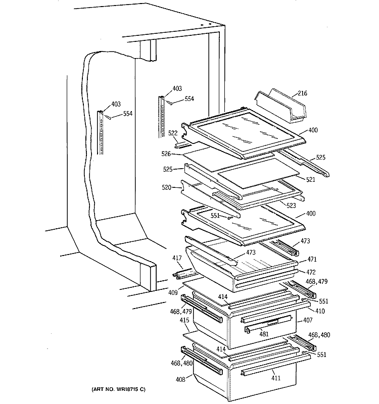 FRESH FOOD SHELVES Diagram and Parts List for TFX26ZPDACC  General Electric Refrigerator