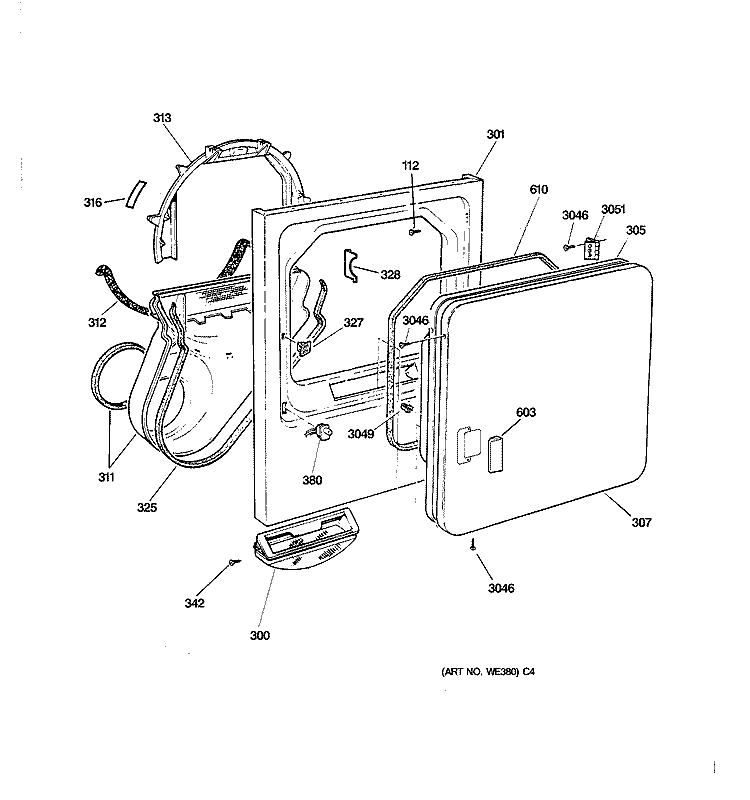FRONT PANEL & DOOR Diagram and Parts List for DBXR453GV1WW  General Electric Dryer