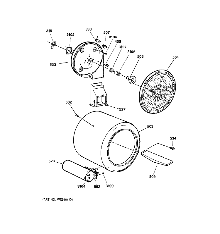 DRUM Diagram and Parts List for DBXR453GV1WW  General Electric Dryer