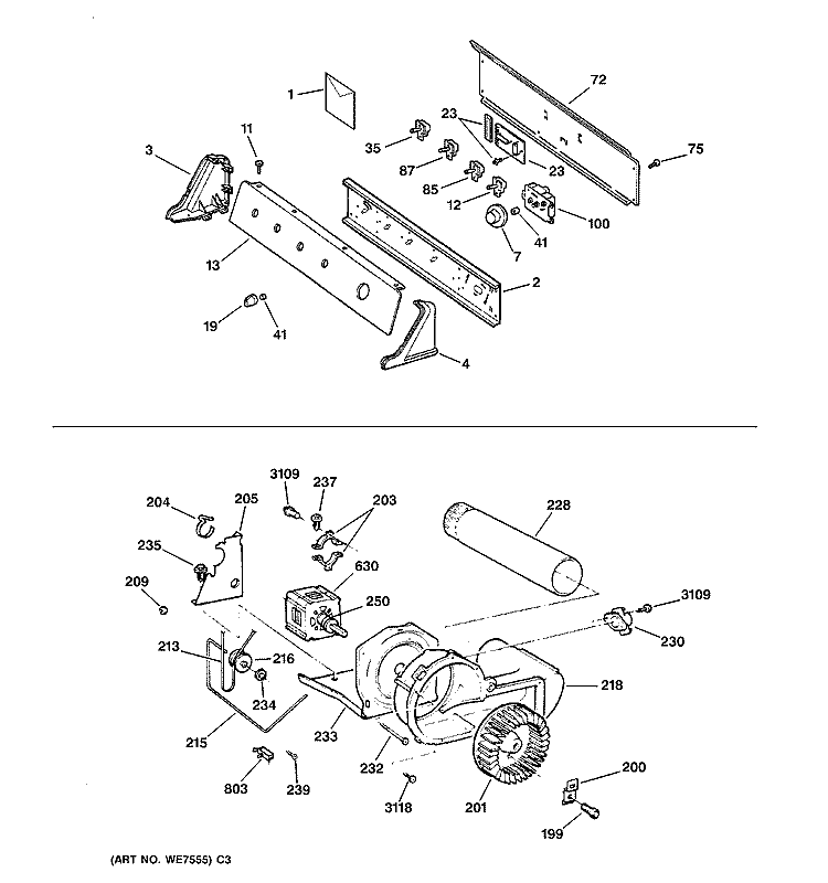 BACKSPLASH, BLOWER & MOTOR Diagram and Parts List for DNSR475EY1AA  General Electric Dryer