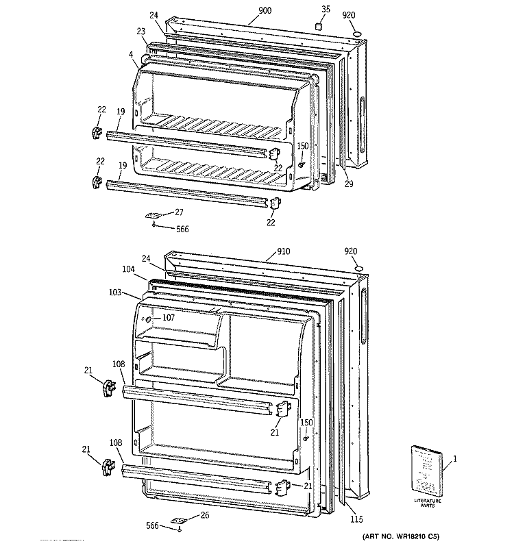 DOORS Diagram and Parts List for TBX18LYDGRWW  General Electric Refrigerator