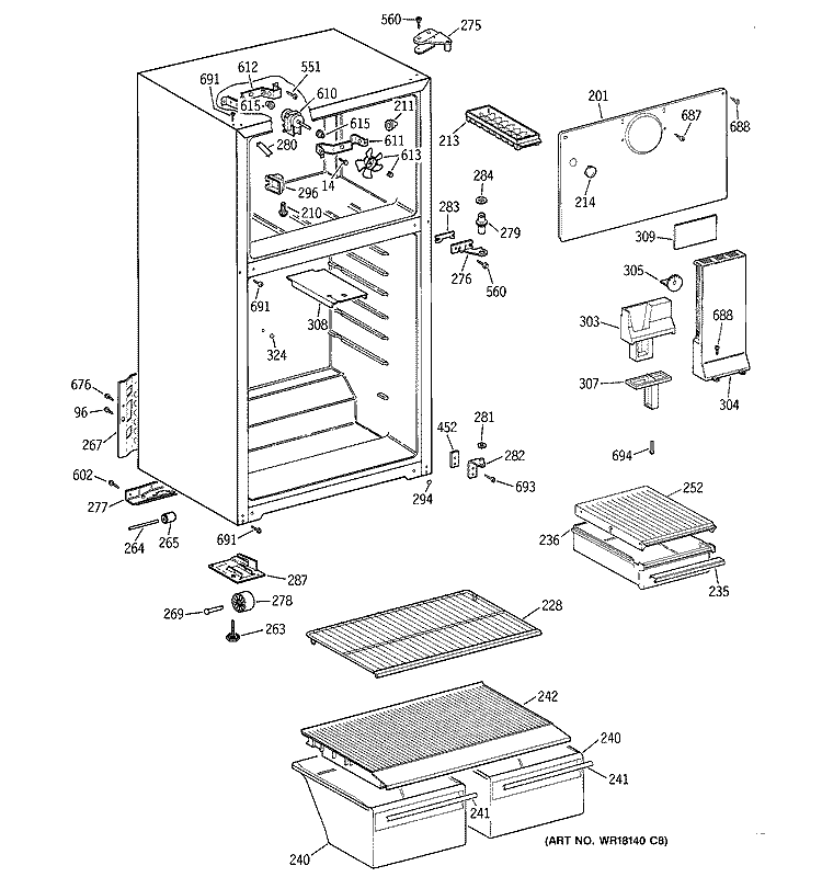 CABINET Diagram and Parts List for TBX18LYDHRWW  General Electric Refrigerator