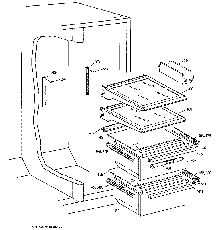 FRESH FOOD SHELVES Diagram and Parts List for TFX25GRCGWW  General Electric Refrigerator