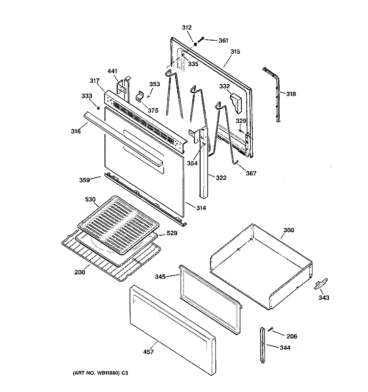 DOOR & DRAWER PARTS Diagram and Parts List for RB525BC1WH  Hotpoint Range