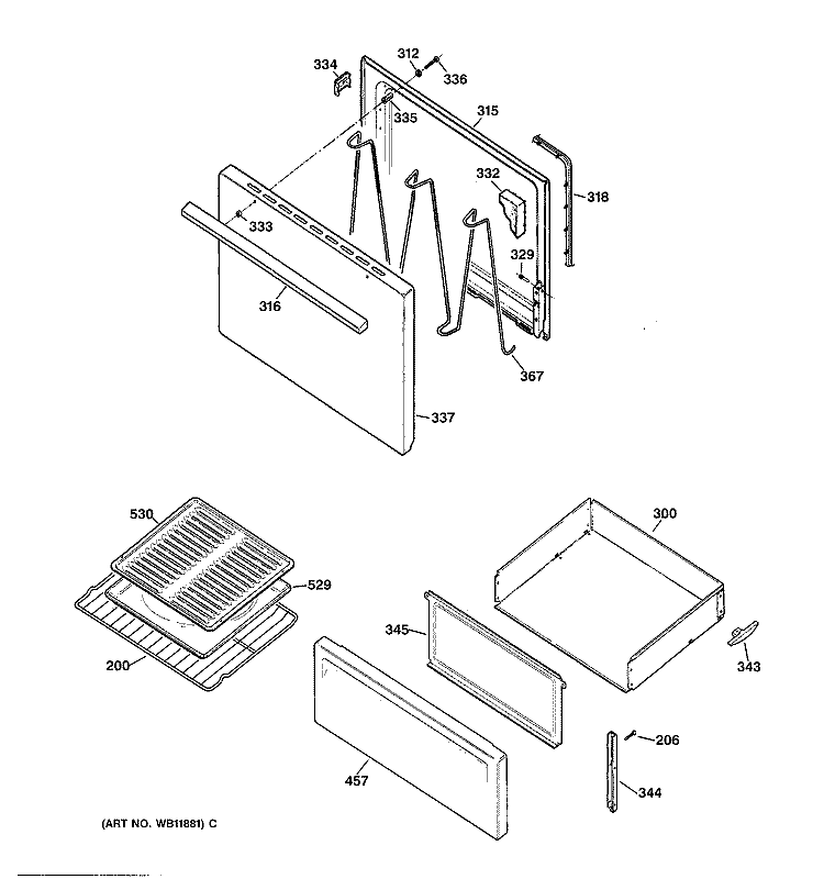 DOOR & DRAWER PARTS Diagram and Parts List for RB525C1WH  Hotpoint Range