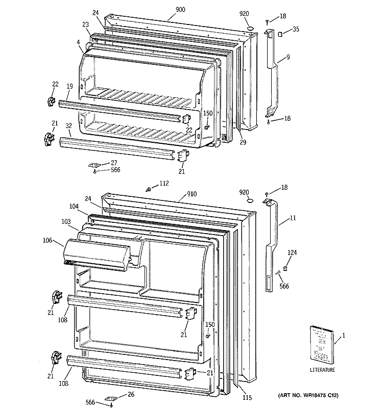 DOORS Diagram and Parts List for TBX18BADGRAA  General Electric Refrigerator