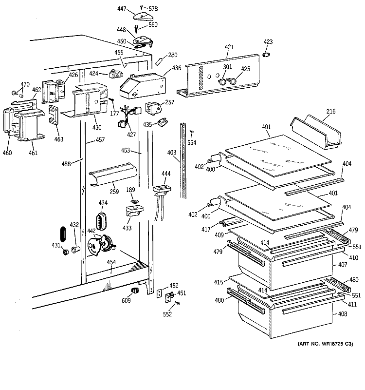 FRESH FOOD SECTION Diagram and Parts List for MSG20GABKWW  General Electric Refrigerator
