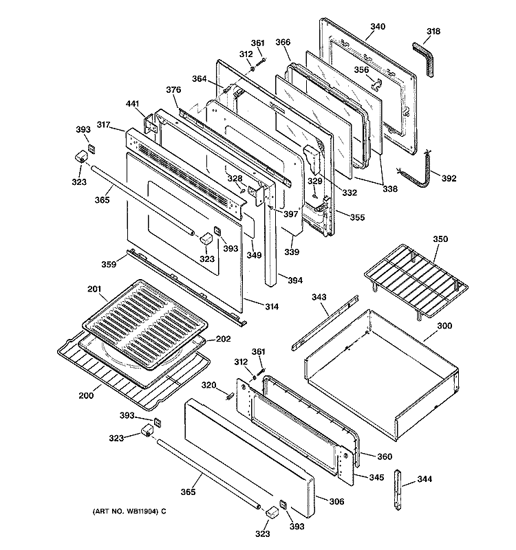 DOOR & DRAWER PARTS Diagram and Parts List for JGBP90MEB1BC  General Electric Range