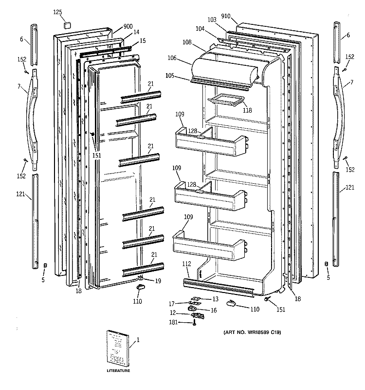 DOORS Diagram and Parts List for TFG20JABKWW  General Electric Refrigerator