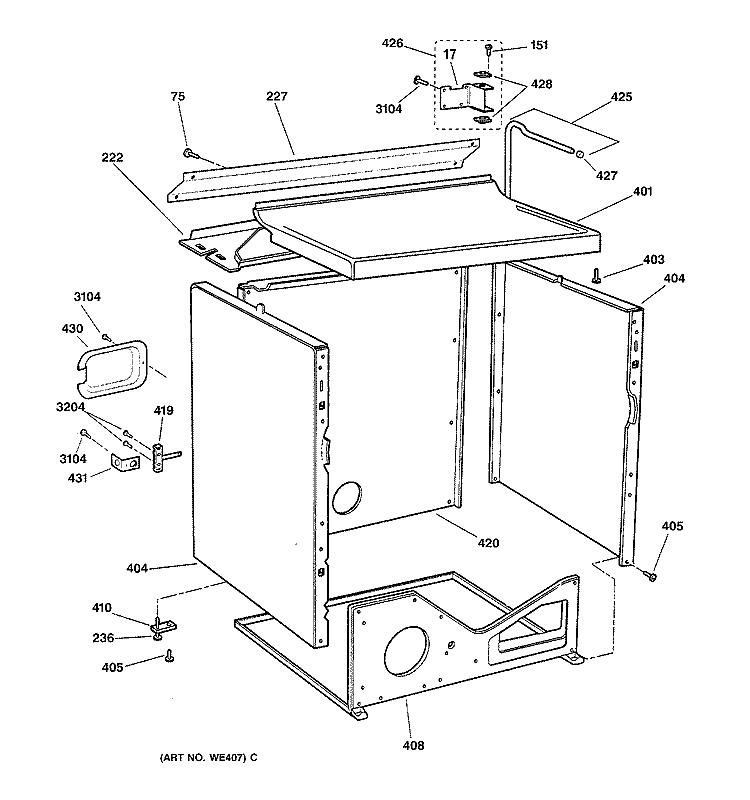 CABINET Diagram and Parts List for DPSF505EW2AA  General Electric Dryer