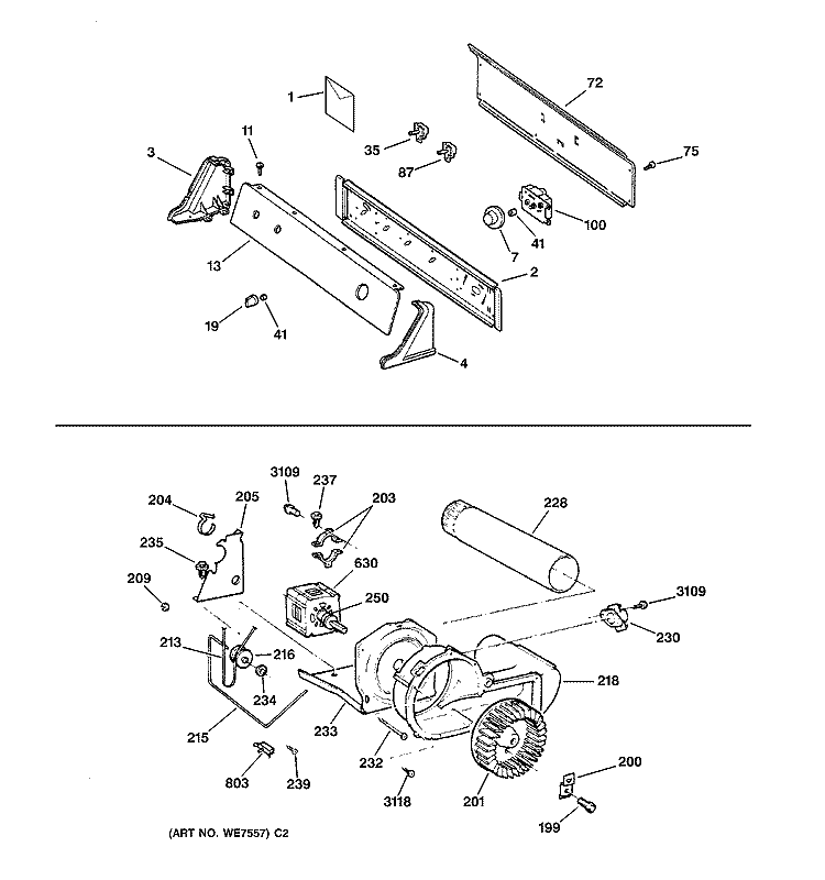 BACKSPLASH, BLOWER & DRIVE ASSEMBLY Diagram and Parts List for DCXR463GA0AA  General Electric Dryer