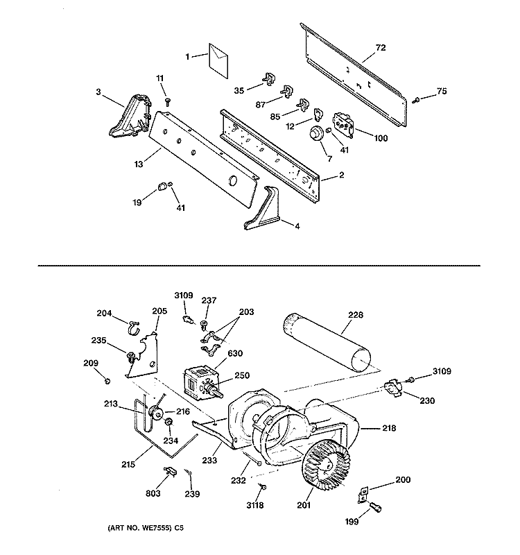 BACKSPLASH, BLOWER & MOTOR Diagram and Parts List for DPXR483GA0AA  General Electric Dryer