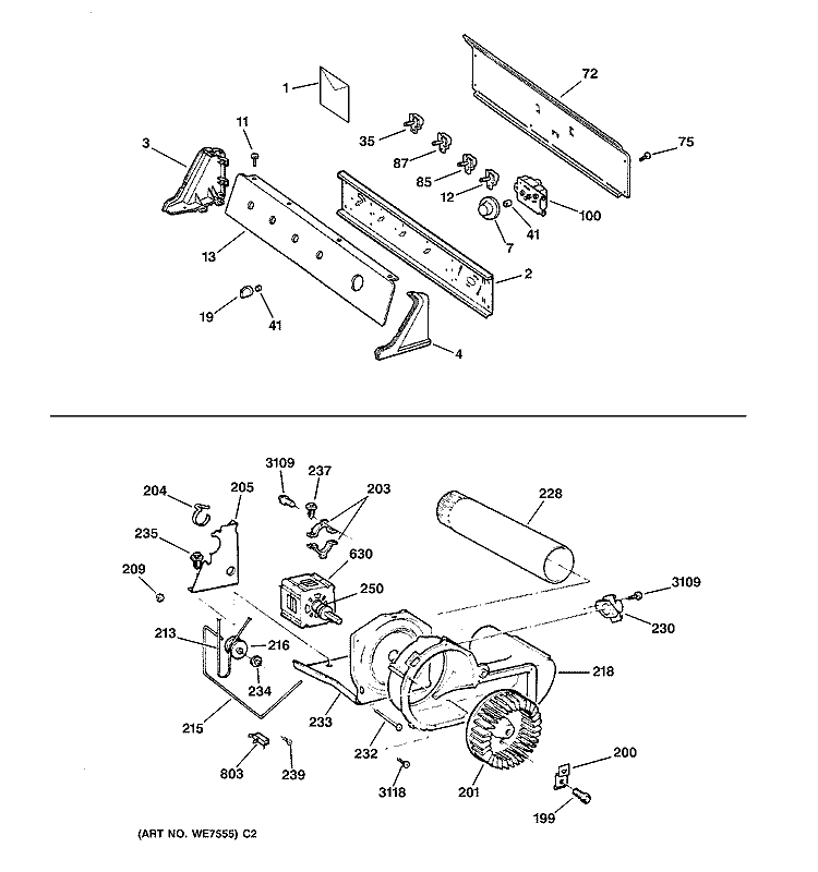 BACKSPLASH, BLOWER & MOTOR Diagram and Parts List for DWSR483GA0WW  General Electric Dryer
