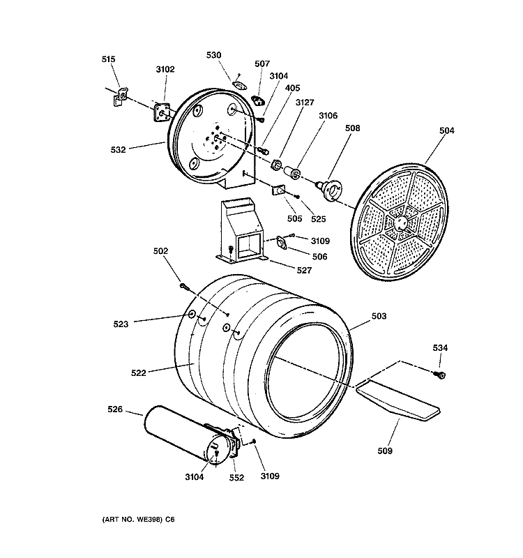 DRUM Diagram and Parts List for DPSR513GA0WW  General Electric Dryer