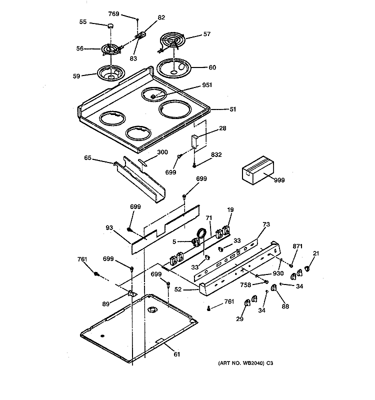 CONTROLS & COOKTOP Diagram and Parts List for JBS05Y2AD  General Electric Range