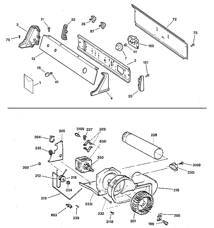 BACKSPLASH, BLOWER & DRIVE ASSEMBLY Diagram and Parts List for NBXR453GV1AA  Hotpoint Dryer