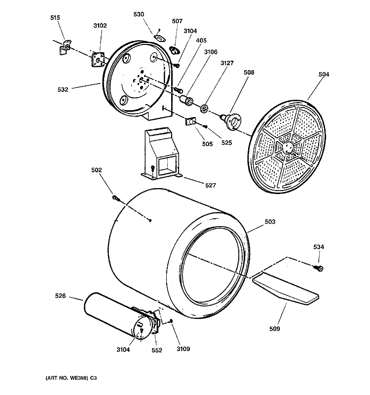 DRUM Diagram and Parts List for NJSR453GW1WW  Hotpoint Dryer