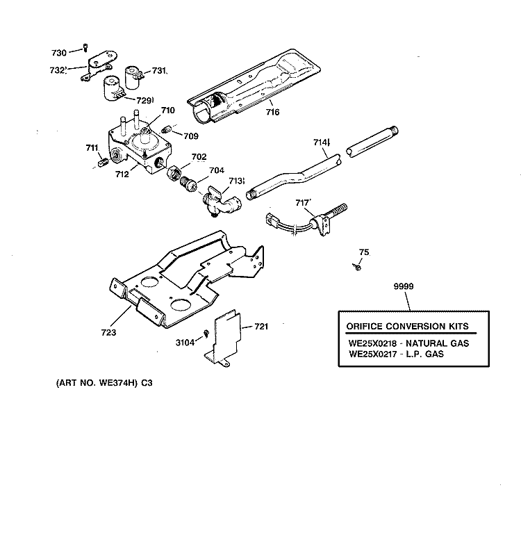 GAS VALVE & BURNER ASSEMBLY Diagram and Parts List for NJSR453GW1WW  Hotpoint Dryer