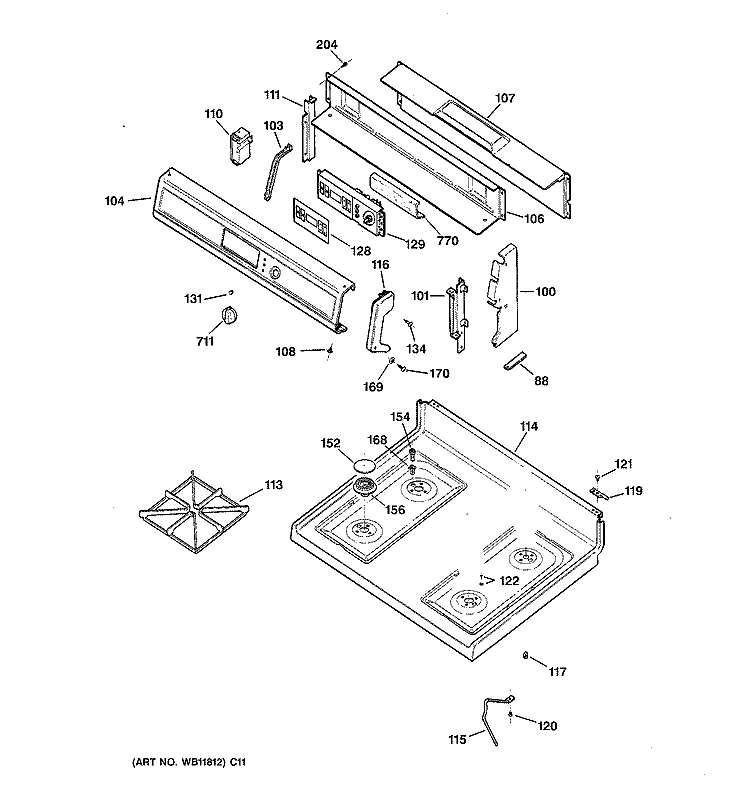 CONTROL PANEL & COOKTOP Diagram and Parts List for JGBP28WEA1WW  General Electric Range