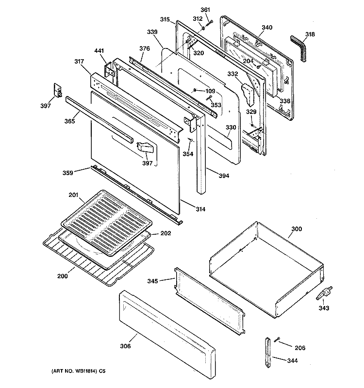 DOOR & DRAWER PARTS Diagram and Parts List for JGBP28WEA1WW  General Electric Range