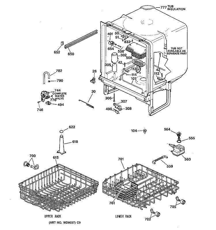 BODY PARTS Diagram and Parts List for GSC3400Z03BL  General Electric Dishwasher