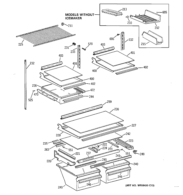 SHELVES & DRAWERS Diagram and Parts List for TBX18IIDBRCC  General Electric Refrigerator