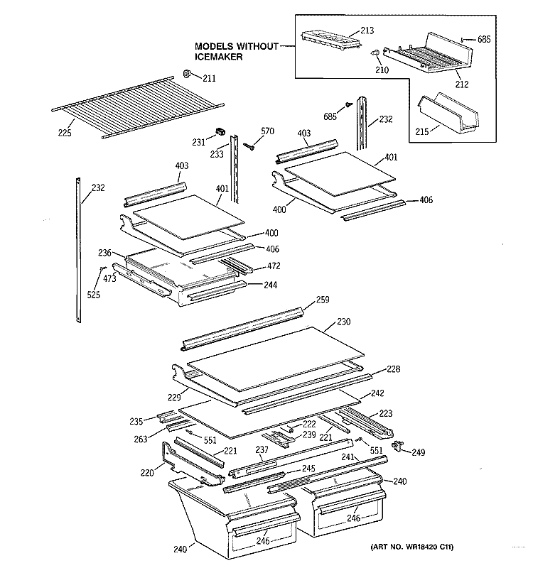 SHELVES & DRAWERS Diagram and Parts List for TBX21IABRRCC  General Electric Refrigerator
