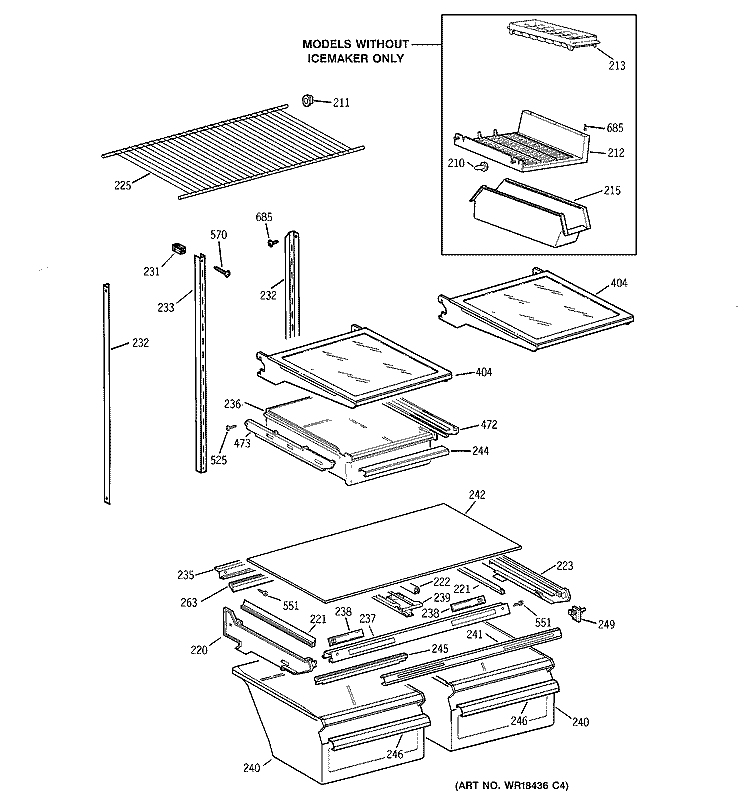 SHELVES & DRAWERS Diagram and Parts List for TBX21JABRRCC  General Electric Refrigerator