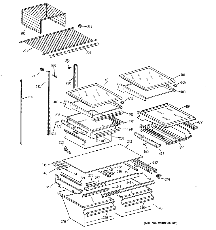 SHELVES & DRAWERS Diagram and Parts List for TBX22PIBRRCC  General Electric Refrigerator