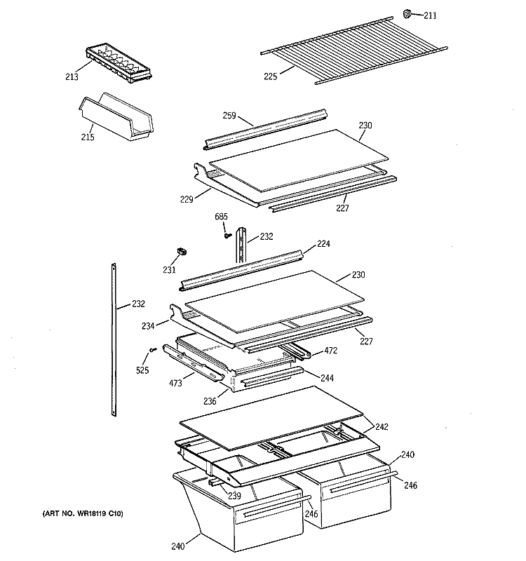 SHELVES & DRAWERS Diagram and Parts List for CTG18GADARWW  Hotpoint Refrigerator