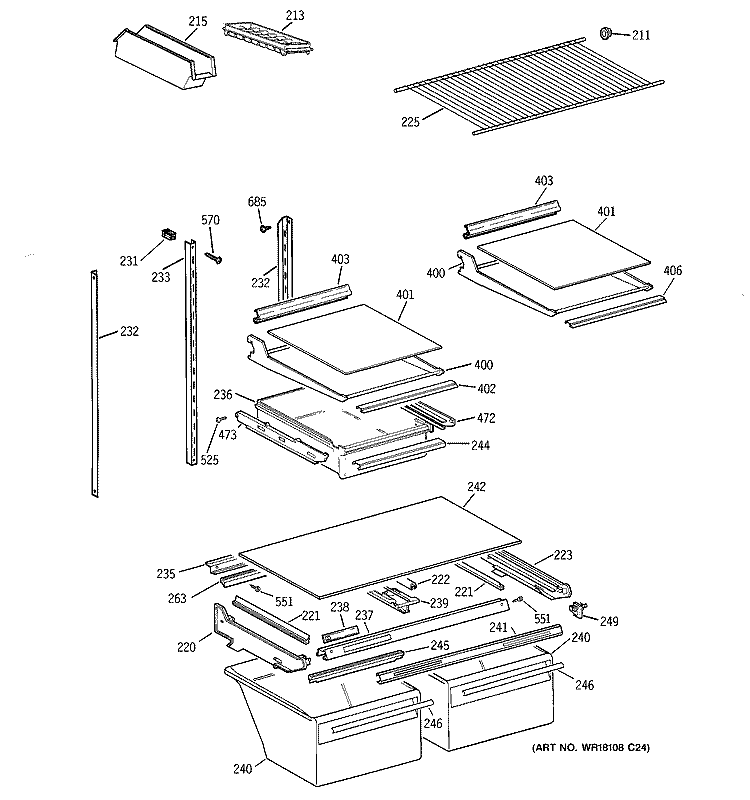 SHELVES & DRAWERS Diagram and Parts List for CTG25GADARWW  Hotpoint Refrigerator