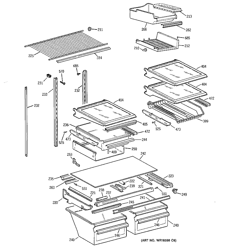 SHELVES & DRAWERS Diagram and Parts List for TBG19PADARWW  General Electric Refrigerator