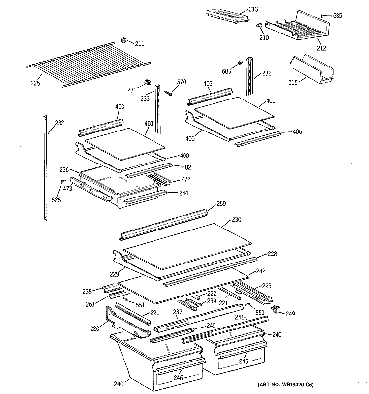 SHELF PARTS Diagram and Parts List for TBG21IADARWW  General Electric Refrigerator