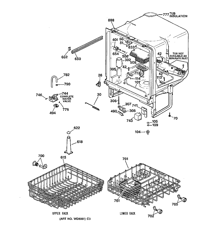 BODY PARTS Diagram and Parts List for GSD3610ZZ4AA  General Electric Dishwasher