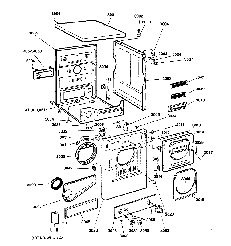 CABINET, FRONT PANEL, DOOR & CONTROL PANEL Diagram and Parts List for DSKS433EW0WH  General Electric Dryer