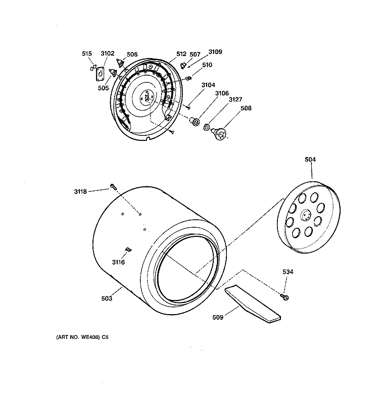 DRUM Diagram and Parts List for DSKS433EW0WH  General Electric Dryer