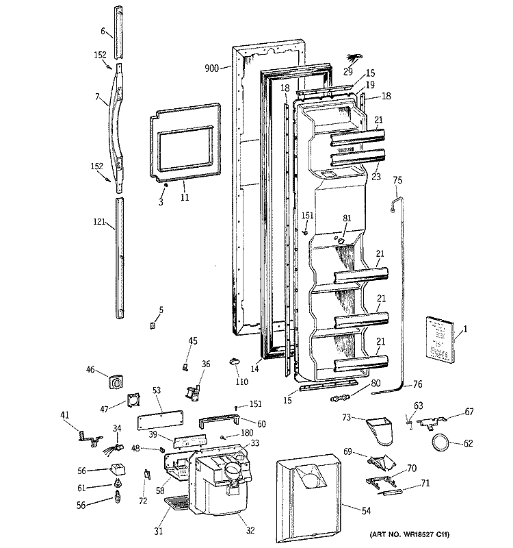 FREEZER DOOR Diagram and Parts List for TFX25NRDAWW  General Electric Refrigerator