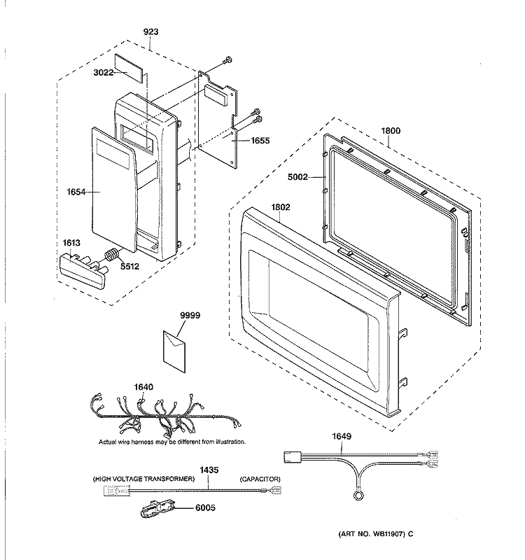CONTROL PANEL, DOOR & WIRING Diagram and Parts List for JE1140WC01  General Electric Microwave