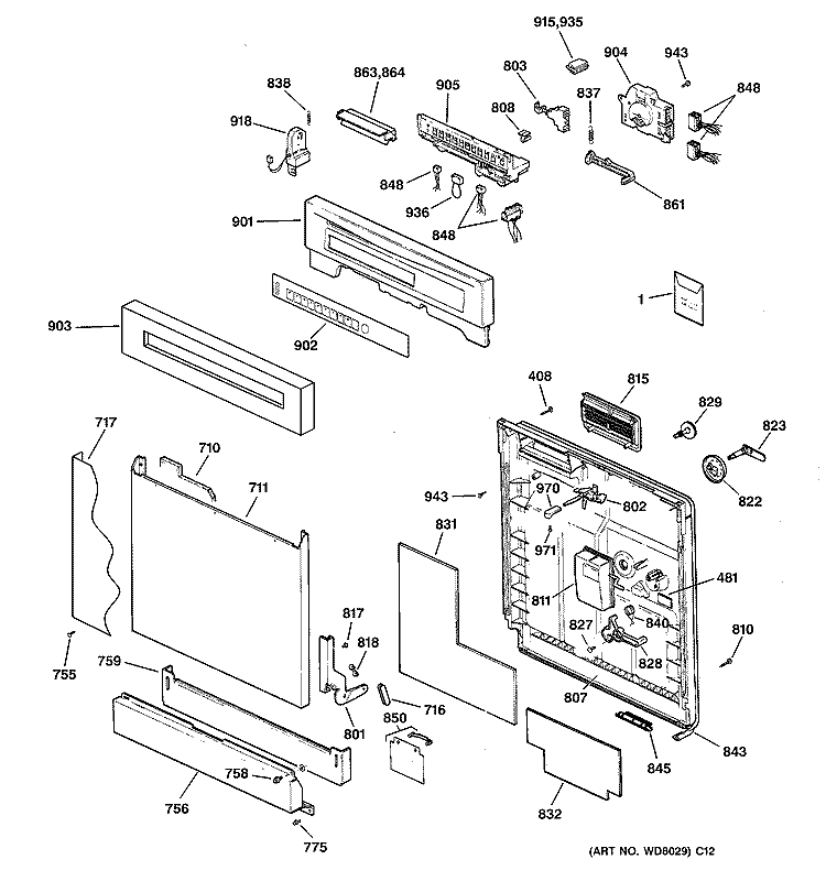 ESCUTCHEON & DOOR ASSEMBLY Diagram and Parts List for GSD5940D01SS  General Electric Dishwasher