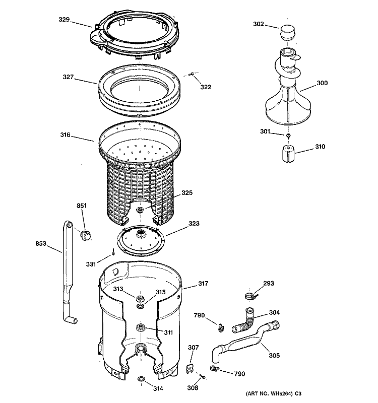 TUB, BASKET & AGITATOR Diagram and Parts List for WBB3300A0AA  General Electric Washer