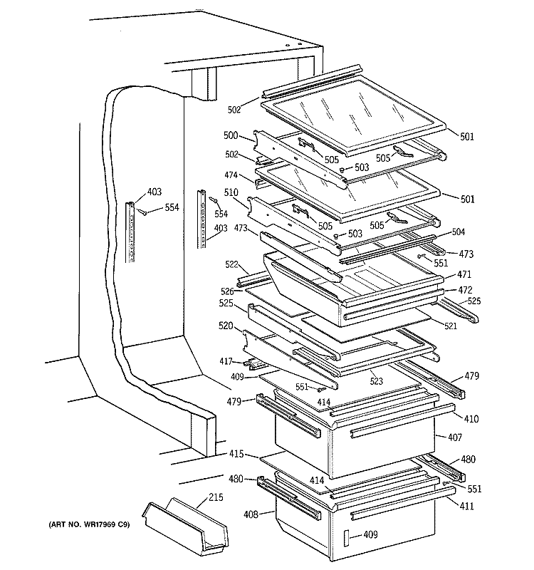 SHELVES & DRAWERS Diagram and Parts List for TFHA24RRAAD  General Electric Refrigerator