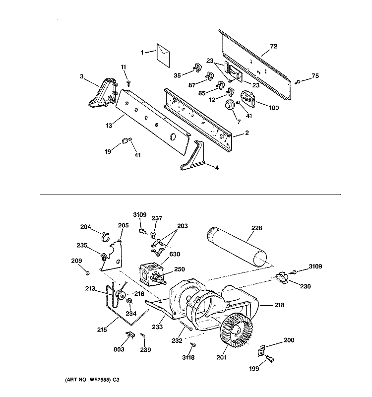 BACKSPLASH, BLOWER & MOTOR Diagram and Parts List for DPSR465GA0WW  General Electric Dryer