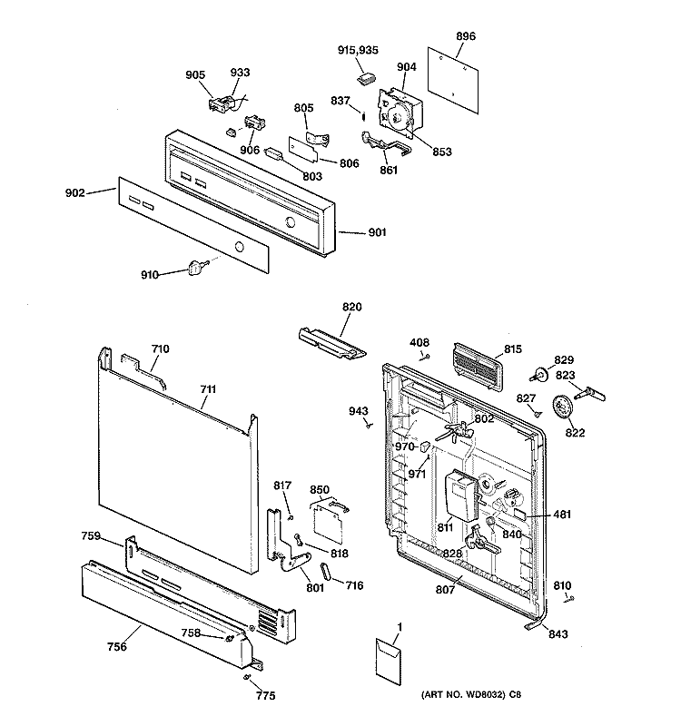 ESCUTCHEON & DOOR ASSEMBLY Diagram and Parts List for GSD2231F00WW  General Electric Dishwasher