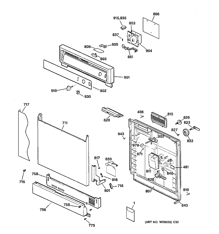 ESCUTCHEON & DOOR ASSEMBLY Diagram and Parts List for GSD2031F00WW  General Electric Dishwasher