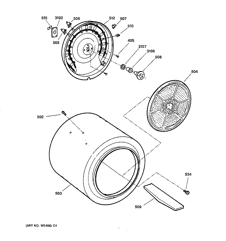 DRUM Diagram and Parts List for DS4500EA0WW  General Electric Dryer
