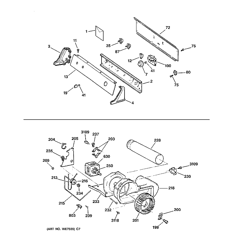 BACKSPLASH, BLOWER & MOTOR Diagram and Parts List for DX4500EA0WW  General Electric Dryer