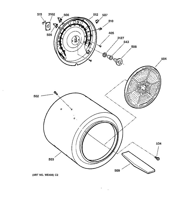 DRUM Diagram and Parts List for DX4500EA0WW  General Electric Dryer