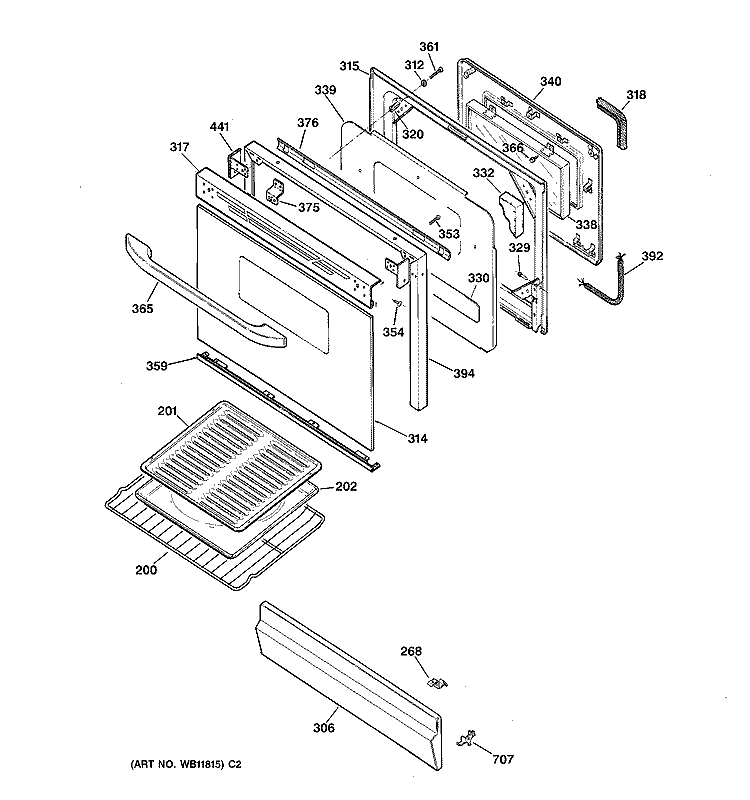 DOOR & DRAWER PARTS Diagram and Parts List for JGBP25BEC1WH  General Electric Range